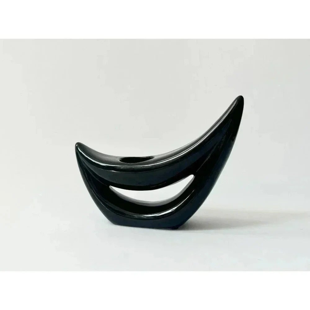 Awesome Postmodern Crescent Moon MCM Retro Black Glazed Ceramic Candle Holder